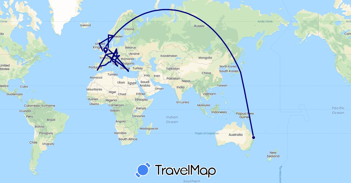 TravelMap itinerary: driving in Austria, Australia, Switzerland, Czech Republic, Germany, Spain, France, United Kingdom, Greece, Italy, Japan, Monaco, Netherlands, Norway (Asia, Europe, Oceania)